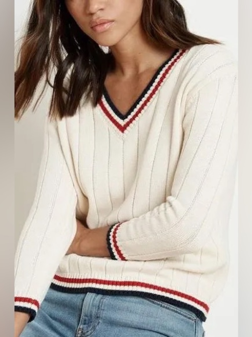 Velvet by graham and Spencer Varsity Stripe V-Neck Sweater size xs